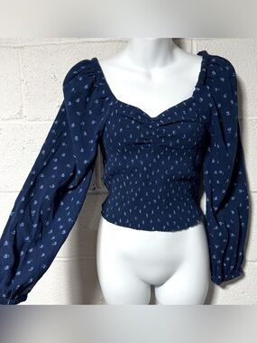 Madewell Blue Ditsy Floral Smocked Sweetheart Crop Top Blouse M Puff Sleeve